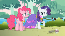 Size: 853x467 | Tagged: safe, imported from derpibooru, screencap, pinkie pie, rarity, keep calm and flutter on, clothes, dress, hub logo