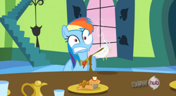 Size: 852x466 | Tagged: safe, imported from derpibooru, screencap, rainbow dash, pegasus, pony, keep calm and flutter on, season 3, faic, female, funny, funny as hell, gravy, gravy boat, hub logo, mare, ouch, out of context, pain, rainbow dash is best facemaker, wide eyes