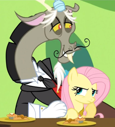 Size: 734x807 | Tagged: safe, imported from derpibooru, screencap, discord, fluttershy, draconequus, pegasus, pony, keep calm and flutter on, season 3, clothes, dinner, element of kindness, female, food, male, mare, moustache, necktie, plate, suit