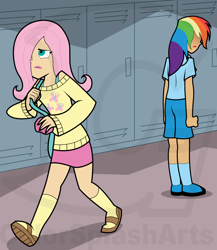 Size: 900x1037 | Tagged: safe, artist:colorsplasharts, imported from derpibooru, fluttershy, rainbow dash, human, butch hartman, clothes, high school, humanized, school, skirt, style emulation