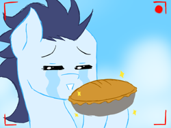 Size: 800x600 | Tagged: safe, imported from derpibooru, soarin', camera shot, crying, hoof hold, pie, recording, that pony sure does love pies