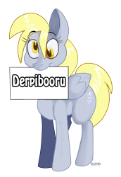 Size: 982x1430 | Tagged: safe, artist:bluntwhiskey, imported from derpibooru, derpy hooves, pegasus, pony, derpibooru, female, mare, meta, mouth hold, sign, simple background, solo, transparent background