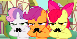 Size: 680x348 | Tagged: safe, imported from derpibooru, apple bloom, scootaloo, sweetie belle, cutie mark crusaders, moustache