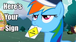 Size: 852x472 | Tagged: safe, edit, edited screencap, imported from derpibooru, screencap, rainbow dash, pony, may the best pet win, baseball cap, cap, caption, coach rainbow dash, female, hat, image macro, mare, mouth hold, text, tree