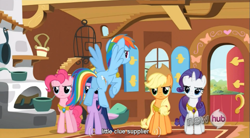 Size: 767x422 | Tagged: safe, edit, edited screencap, imported from derpibooru, screencap, applejack, pinkie pie, rainbow dash, rarity, twilight sparkle, earth pony, pegasus, pony, unicorn, keep calm and flutter on, butt, caption, female, hub logo, mare, necklace, plot, youtube caption