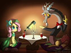 Size: 900x678 | Tagged: safe, artist:jrenon, imported from derpibooru, discord, fluttershy, bowtie, clothes, discoshy, dress, female, gala dress, male, shipping, straight, tuxedo, wine