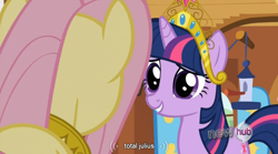 Size: 762x423 | Tagged: safe, imported from derpibooru, screencap, fluttershy, twilight sparkle, keep calm and flutter on, big crown thingy, hub logo, youtube caption