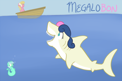 Size: 1000x666 | Tagged: safe, artist:atlur, deleted from derpibooru, imported from derpibooru, bon bon, lily, lily valley, lyra heartstrings, sweetie drops, megalodon, sea pony, shark, boat, bonafied, bonpun, danger, megalobon, pun, seaponified, seapony lyra, sharkified, species swap, this will end in death, underwater, water