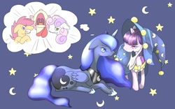 Size: 1713x1069 | Tagged: safe, artist:zuu, artist:ずう, imported from derpibooru, apple bloom, princess luna, scootaloo, sweetie belle, twilight sparkle, cutie mark crusaders, pixiv, star swirl the bearded costume