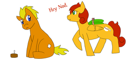 Size: 1280x667 | Tagged: safe, imported from derpibooru, oc, oc only, oc:nod, oc:vermillion, earth pony, pegasus, pony, cake, dialogue, food, open mouth, raised hoof, simple background, sitting, white background