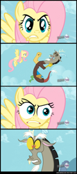 Size: 974x2190 | Tagged: safe, edit, edited screencap, imported from derpibooru, screencap, discord, fluttershy, draconequus, pegasus, pony, keep calm and flutter on, comic, element of kindness, female, male, mare, screencap comic, special eyes, the stare