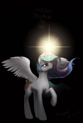 Size: 866x1280 | Tagged: safe, artist:arareroll, imported from derpibooru, princess celestia, pony, dark, female, glow, glowing, magic, solo