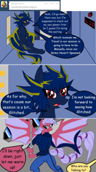 Size: 1024x1831 | Tagged: safe, artist:lunaprotege, artist:zeroblue4, imported from derpibooru, oc, oc only, anthro, bat pony, ask sburb ponies, ask, blue shift, elevator, scorpio, sword, tumblr, yusei fudo