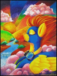 Size: 900x1200 | Tagged: safe, artist:steeve, imported from derpibooru, spitfire, pony, cloud, eyes closed, female, goggles, solo, traditional art, waterfall, wonderbolts uniform