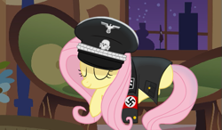 Size: 525x307 | Tagged: artist needed, safe, edit, edited screencap, imported from derpibooru, screencap, fluttershy, pony, stare master, clothes, cosplay, female, mare, nazi, sleeping, solo, swastika