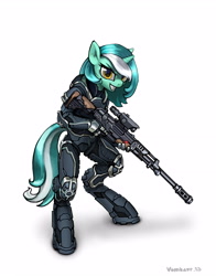 Size: 3048x3886 | Tagged: safe, artist:vombavr, imported from derpibooru, lyra heartstrings, anthro, unguligrade anthro, unicorn, armor, female, gun, hand, hooves, horn, looking at you, mare, optical sight, powered exoskeleton, rifle, science fiction, simple background, smiling, sniper rifle, solo, teeth, tribes ascend, weapon, white background
