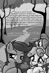 Size: 730x1095 | Tagged: safe, artist:gavalanche, imported from derpibooru, apple bloom, diamond tiara, scootaloo, silver spoon, sweetie belle, abuse, comic sans, monochrome, plotting, silverbuse, spoonabuse, tiarabuse