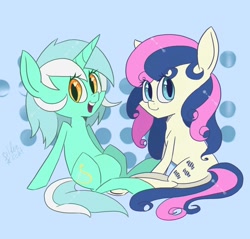 Size: 1496x1432 | Tagged: safe, artist:silbersternenlicht, imported from derpibooru, bon bon, lyra heartstrings, sweetie drops, abstract background, chibi, duo, looking at you, smiling