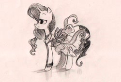 Size: 1418x963 | Tagged: safe, artist:my-magic-dream, imported from derpibooru, rarity, pony, clothes, dress, female, grayscale, sketch, solo, traditional art