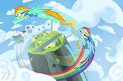 Size: 2600x1708 | Tagged: safe, artist:sentrakk, imported from derpibooru, lightning dust, rainbow dash, pegasus, pony, wonderbolts academy, clothes, cloud, cloudy, duo, female, flying, goggles, mare, plateau, rainbow trail, rainbow waterfall, sky, speed trail, uniform, waterfall, wonderbolt trainee uniform, wonderbolts headquarters
