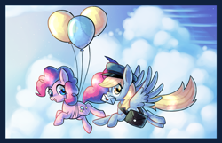 Size: 1078x693 | Tagged: safe, artist:astrofiziks, imported from derpibooru, derpy hooves, pinkie pie, pegasus, pony, balloon, cloud, cloudy, female, flying, hat, mail, mare, mouth hold, pixiv, saddle bag, sky, then watch her balloons lift her up to the sky