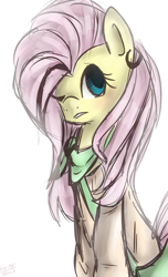 Size: 967x1590 | Tagged: safe, artist:marisalle, imported from derpibooru, fluttershy, clothes, earring, piercing, scarf, sweater, sweatershy