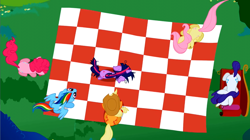 Size: 1178x662 | Tagged: safe, imported from derpibooru, screencap, applejack, fluttershy, pinkie pie, rainbow dash, rarity, twilight sparkle, lesson zero, season 2, aerial view, both cutie marks, couch, derp, female, mane six, overhead view, picnic, picnic blanket, sitting, twilight snapple, weird, wtf