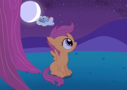 Size: 4244x3000 | Tagged: safe, artist:birdco, imported from derpibooru, rainbow dash, scootaloo, pegasus, pony, cloud, duo, female, filly, foal, folded wings, mare, moon, night, sleeping, small wings, stars, wings