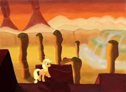 Size: 2000x1454 | Tagged: safe, artist:thequezacotl, imported from derpibooru, applejack, pony, female, solo, volcano