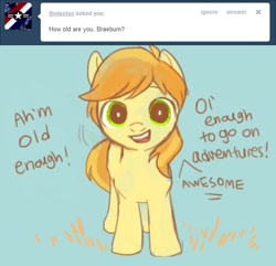 Size: 500x482 | Tagged: safe, artist:nyonhyon, imported from derpibooru, braeburn, pony, ask, colt, cute, looking at you, male, open mouth, smiling, solo, tumblr