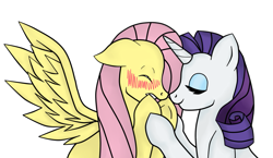 Size: 1001x579 | Tagged: safe, artist:zeldacourage, imported from derpibooru, fluttershy, rarity, blushing, female, flarity, lesbian, shipping