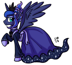 Size: 799x719 | Tagged: safe, artist:serenamidori, imported from derpibooru, princess luna, pony, alternate hairstyle, clothes, dress, female, raised hoof, simple background, solo