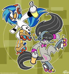 Size: 850x899 | Tagged: safe, artist:johnjoseco, imported from derpibooru, dj pon-3, octavia melody, vinyl scratch, crossover, jet set radio, roller skates, spray paint