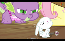 Size: 1024x640 | Tagged: safe, imported from derpibooru, screencap, angel bunny, fluttershy, spike, just for sidekicks, angel is a bunny bastard, hub logo, youtube caption