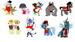 Size: 1800x1000 | Tagged: safe, imported from derpibooru, diamond tiara, discord, flam, flim, gilda, iron will, king sombra, queen chrysalis, rover, trixie, griffon, demoman, engineer, heavy, medic, pyro, scout, sniper, soldier, spy, team fortress 2