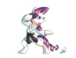 Size: 800x618 | Tagged: safe, artist:lanmana, imported from derpibooru, rarity, pony, black belt, clothes, female, gi, karate, kung fu, martial artist rarity, martial arts, robe, solo