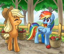 Size: 1000x857 | Tagged: safe, artist:johnjoseco, imported from derpibooru, applejack, rainbow dash, earth pony, pegasus, pony, apple, apple tree, applejack's hat, basket, cowboy hat, cute, dirt road, female, fence, food, hat, mare, mouth hold, smiling, tree
