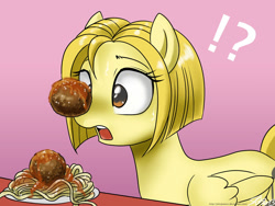 Size: 1000x750 | Tagged: safe, artist:johnjoseco, imported from derpibooru, oc, oc only, pegasus, pony, anneli heed, meatball, pasta, ponified, solo, spaghetti