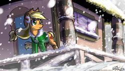 Size: 1300x743 | Tagged: safe, artist:johnjoseco, imported from derpibooru, applejack, pony, boots, clothes, coat, earmuffs, female, mare, shoes, snow, snowfall, solo, train station, windswept mane, winter outfit