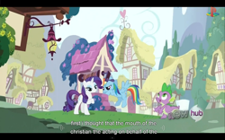 Size: 1024x640 | Tagged: safe, imported from derpibooru, screencap, rainbow dash, rarity, spike, just for sidekicks, youtube caption