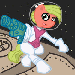 Size: 504x504 | Tagged: safe, artist:ficficponyfic, imported from derpibooru, oc, oc only, cowboys and equestrians, gun, hat, laser, mad (tv series), mad magazine, maplejack, planet, pony galaxy adventure, ponytaur, raygun, science fiction, space, spaceship, spacesuit, tumblr, tumblr comic