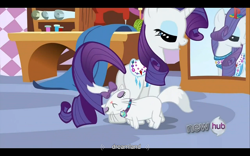 Size: 1024x640 | Tagged: safe, edit, edited screencap, imported from derpibooru, screencap, opalescence, rarity, cat, pony, unicorn, just for sidekicks, caption, female, hub logo, mare, mirror, saddle, text, youtube caption