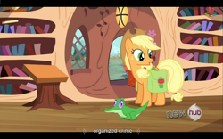 Size: 1024x640 | Tagged: safe, imported from derpibooru, screencap, applejack, gummy, just for sidekicks, youtube caption