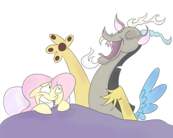 Size: 900x720 | Tagged: safe, artist:perrydotto, imported from derpibooru, discord, fluttershy, awkward smile, bed, blanket, duo, female, male, paw pads, simple background, singing, smiling, transparent background