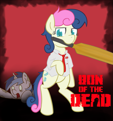 Size: 749x800 | Tagged: safe, artist:atlur, deleted from derpibooru, imported from derpibooru, bon bon, sea swirl, seafoam, sweetie drops, zombie, bonafied, bonpun, clothes, cricket bat, mouth hold, necktie, parody, shaun of the dead, shaun riley, shirt