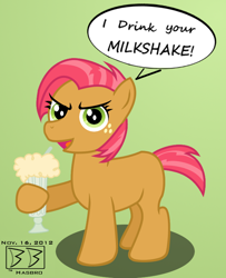 Size: 650x800 | Tagged: safe, artist:gil-hushpond, imported from derpibooru, babs seed, one bad apple, drink, i drink your milkshake, milkshake, speech bubble, there will be blood