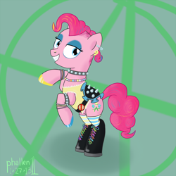 Size: 1200x1200 | Tagged: safe, artist:phallen1, imported from derpibooru, pinkie pie, boots, hoof boots, punk, punkie pie, saddle