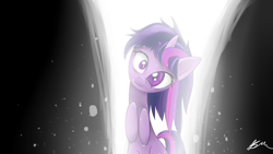 Size: 2560x1440 | Tagged: safe, artist:maydeedits, imported from derpibooru, twilight sparkle, insanity, looking at you, messy mane, smiling, twilight snapple