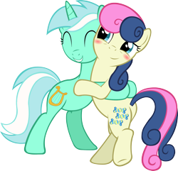 Size: 2016x1947 | Tagged: safe, artist:artpwny, imported from derpibooru, bon bon, lyra heartstrings, sweetie drops, bipedal, blushing, female, hug, lesbian, lyrabon, shipping, simple background, transparent background, vector