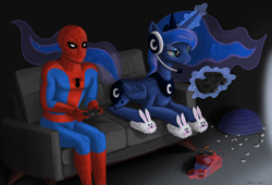 Size: 7000x4768 | Tagged: safe, artist:chari-san, imported from derpibooru, princess luna, gamer luna, absurd resolution, clothes, couch, crossover, slippers, spider-man